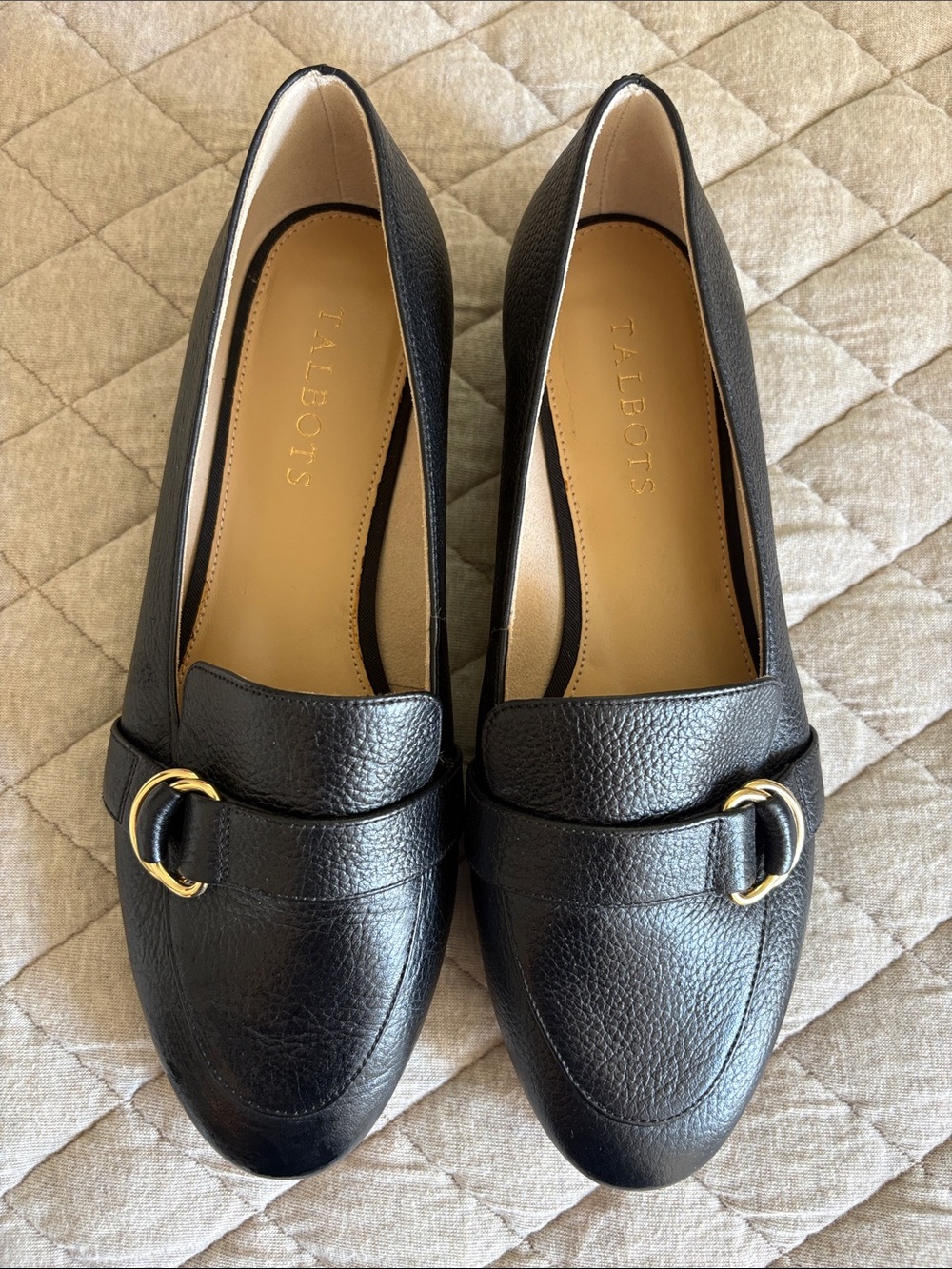 Talbots Black Leather Loafers with Gold Ring Accent